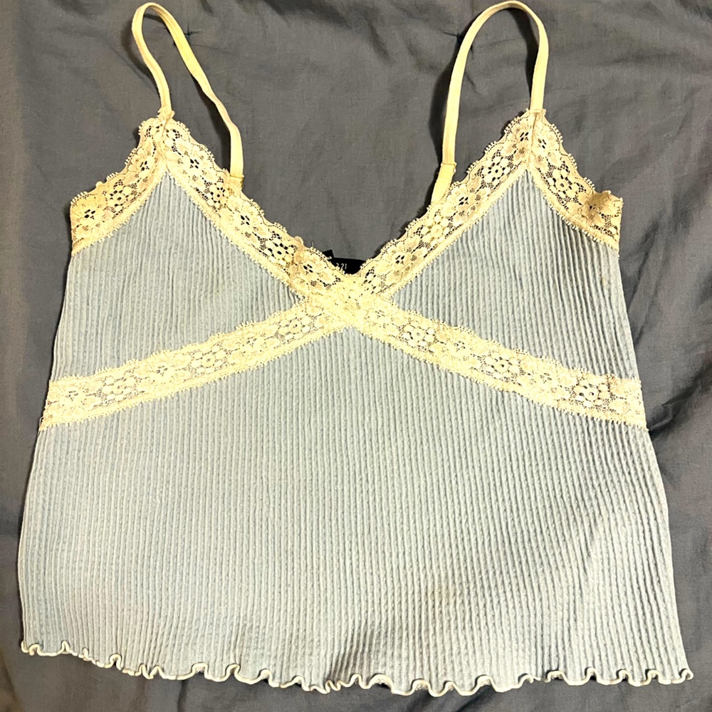 Forver 21 lace trim tank ribbed blue